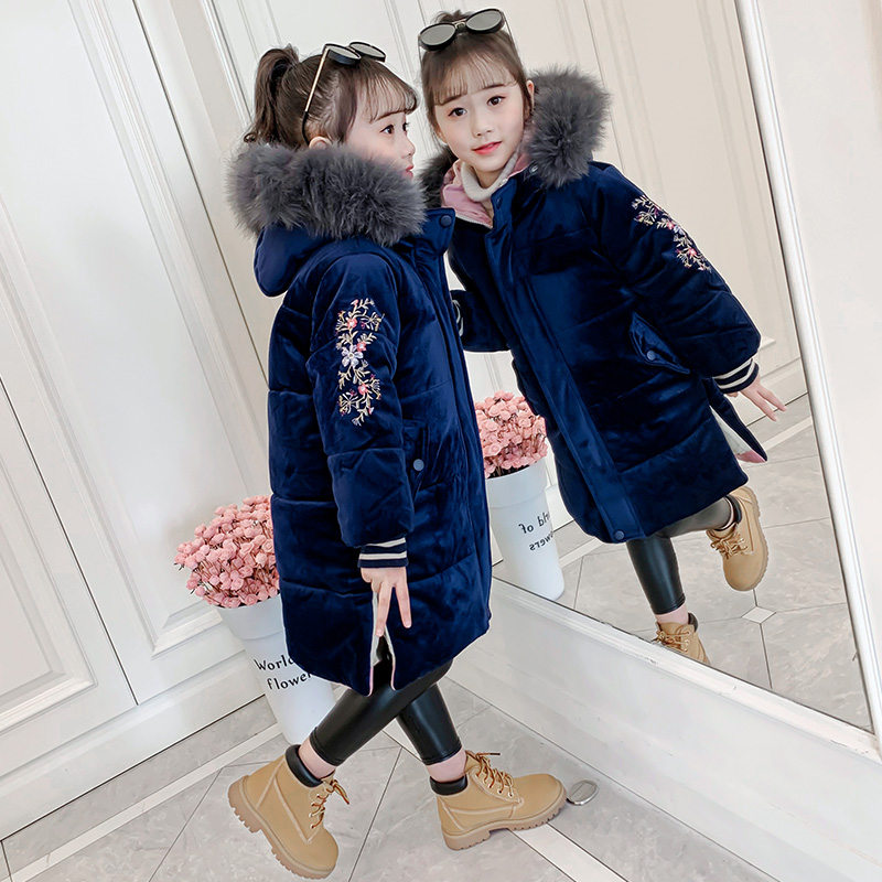 High Grade Girls Embroidery Long Jacket Coat Fur Hoodies Kids Princess Royal Sapphire Flower Embroidery Coat for Winter