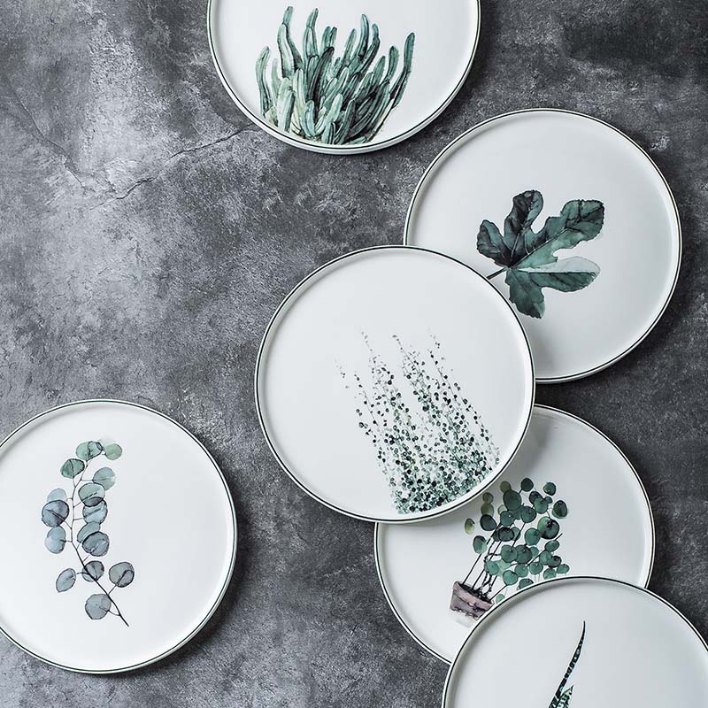 Scandinavian style underglaze Western food plate Simple floral pattern steak plate stackable dessert salad plate dish
