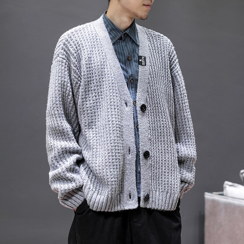 Winter Cardigan Men Solid Color Casual V-neck Knit Sweater Jacket Men Streetwear Wild Loose Sweter Male Clothes M-3XL: gray / XXL