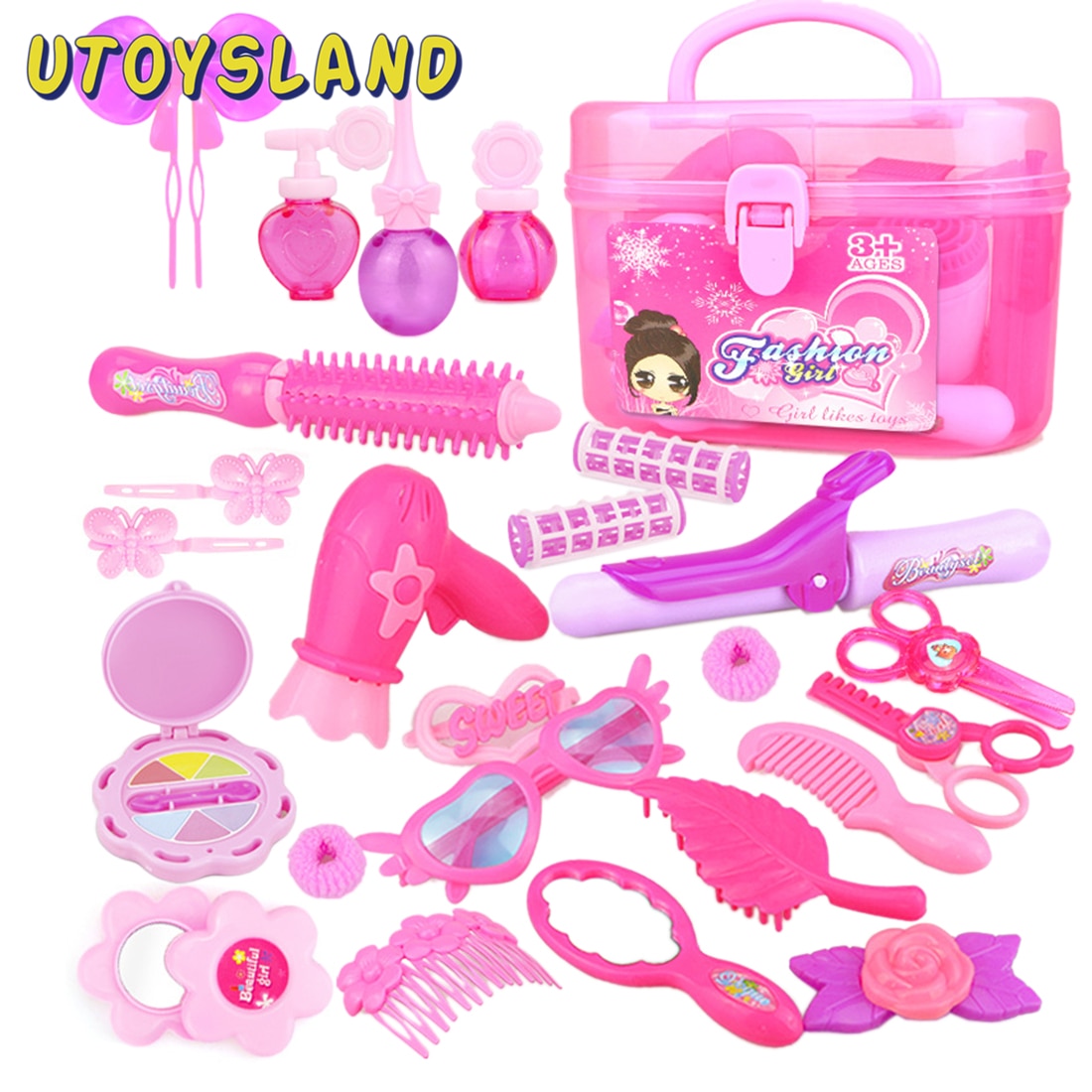 25Pcs Stylish Stylist Children Make Up Set Pretend Play Hair Beauty Toys With Storage Box Pretend Play Toys Girls Xmas -Red