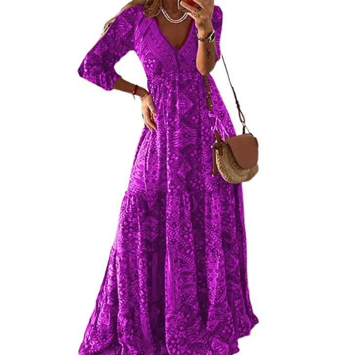 Robe longue à manches 3/4 pour femme, style bohème européen et américain, taille haute, col en V, imprimé fleuri fragmenté,: S / Violet