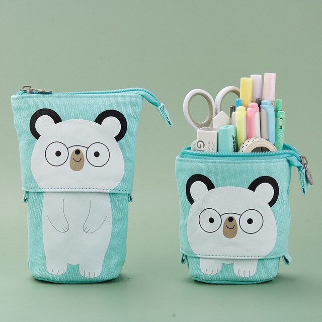 Cartoon kat telescopische etui tas opvouwbare staande houder kinderen etui canvas intrekbare studenten flexibele pennendoos: Beerblauw