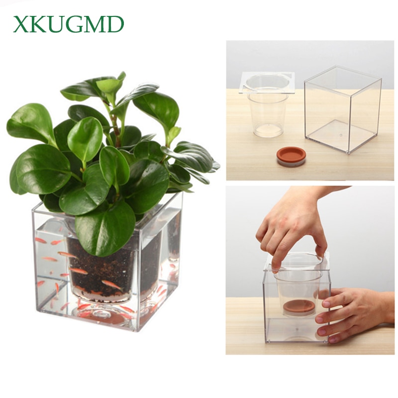 Transparent Flower Pot Automatic Water Absorption Pot Automatic Irrigation Hydroponic Plastic Desktop Square Fish Tank