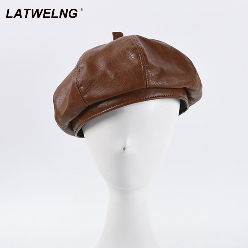 Moda kobiety PU skórzane berety damskie czarne płaskie beret kapelusz jesień zima artysta kapelusze hurtownia