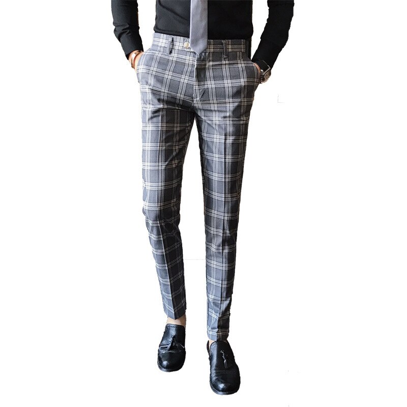 Mens Plaid Pants Men Casual Trousers Men Dress Pants Slim Fit: Gray / 31