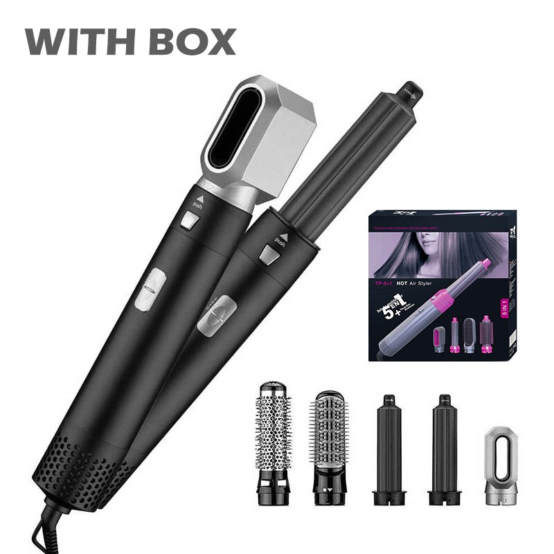 Sèche-cheveux en céramique 5 en 1, sèche-cheveux, pour Volume, boucles douces, vagues, aérographe, lisseur, outil de Salon: D-BLACK-WITH BOX / EU