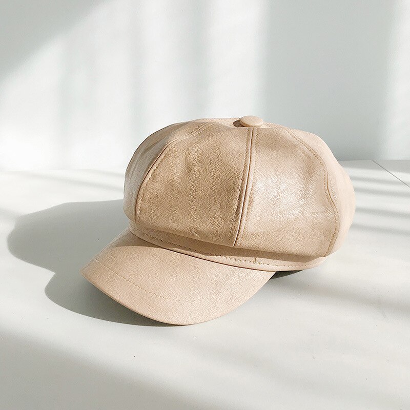 Groene Winter Achthoekige Cap Meisjes Baret Hoeden Voor Vrouwen Hoeden Krantenverkoper Cap Vrouwelijke Britse stijl PU Lederen Baretten Hoed voor straat: khaki