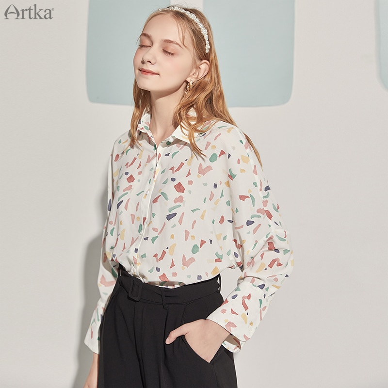 ARTKA automne chemisier femme Vintage imprimé en mousseline de soie chemise col rabattu lâche OL Style Blouse femmes S120002Q
