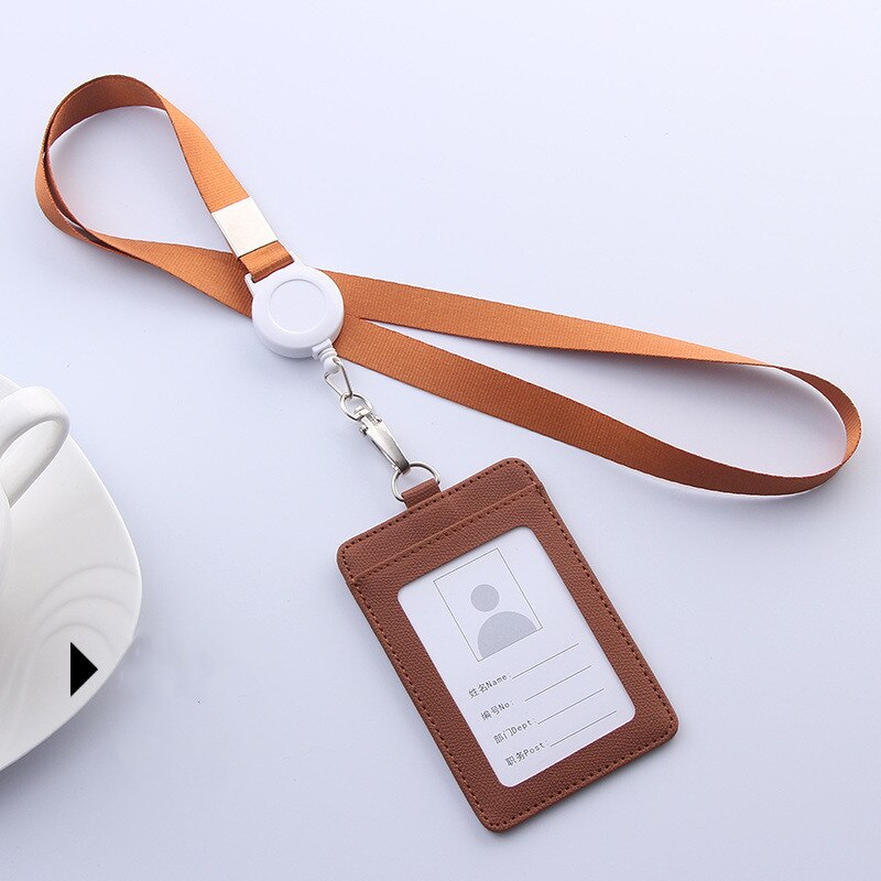 PU Leather Lanyard retractable badge holder ID card holder school lanyards id badge holder horizontal badge holder transparent: coffee-Vertical