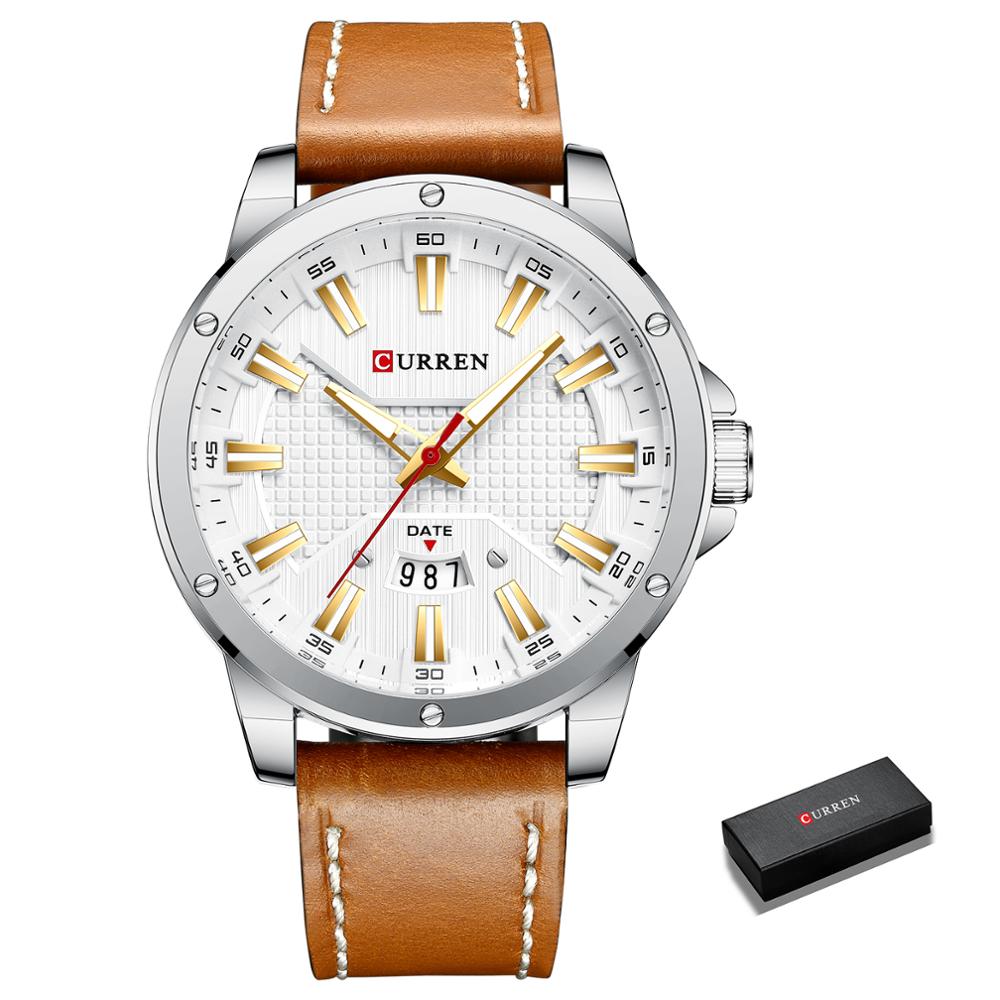 Curren quartz ur til mand læder armbåndsure casual ur med dato relogio masculino: Hvid urkasse