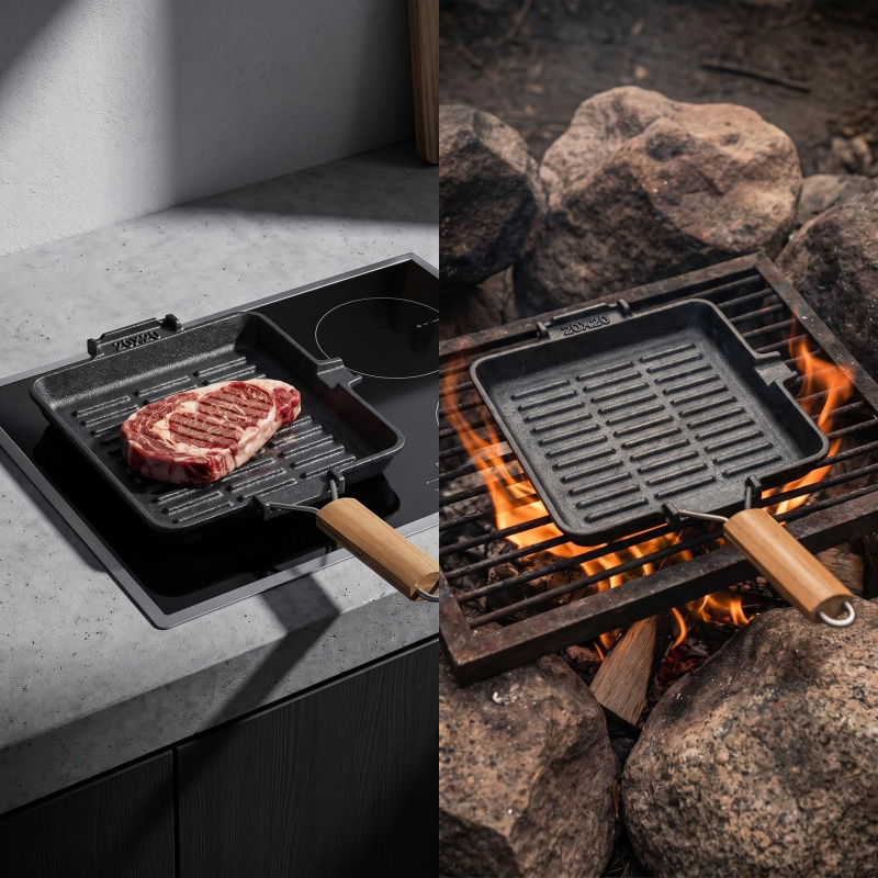 Square and round grilling pans for induction cookers, universal use Cast iron skillet Foldable wooden handle Striped Noodle Sou