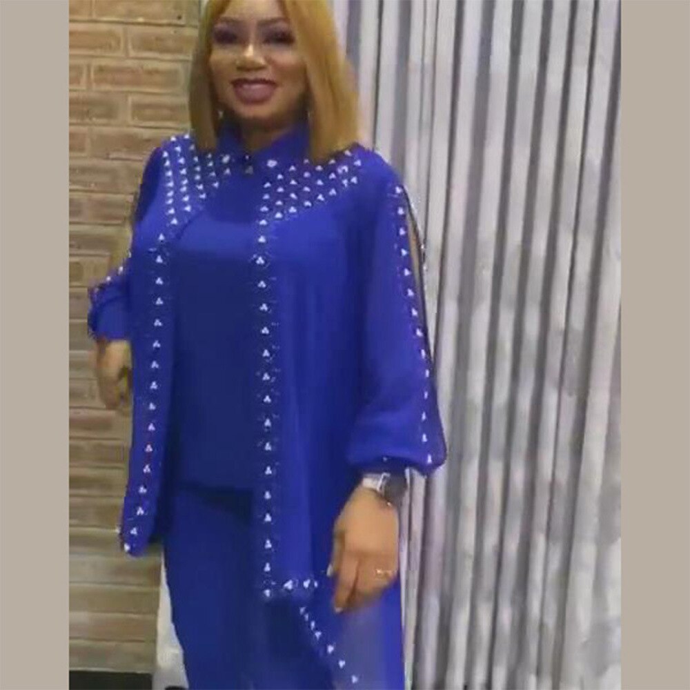 3 Piece Set Africa Clothes African dashiki Suit ( Top inner And pants) Elastic Plus Size african suit: Blue / XXL