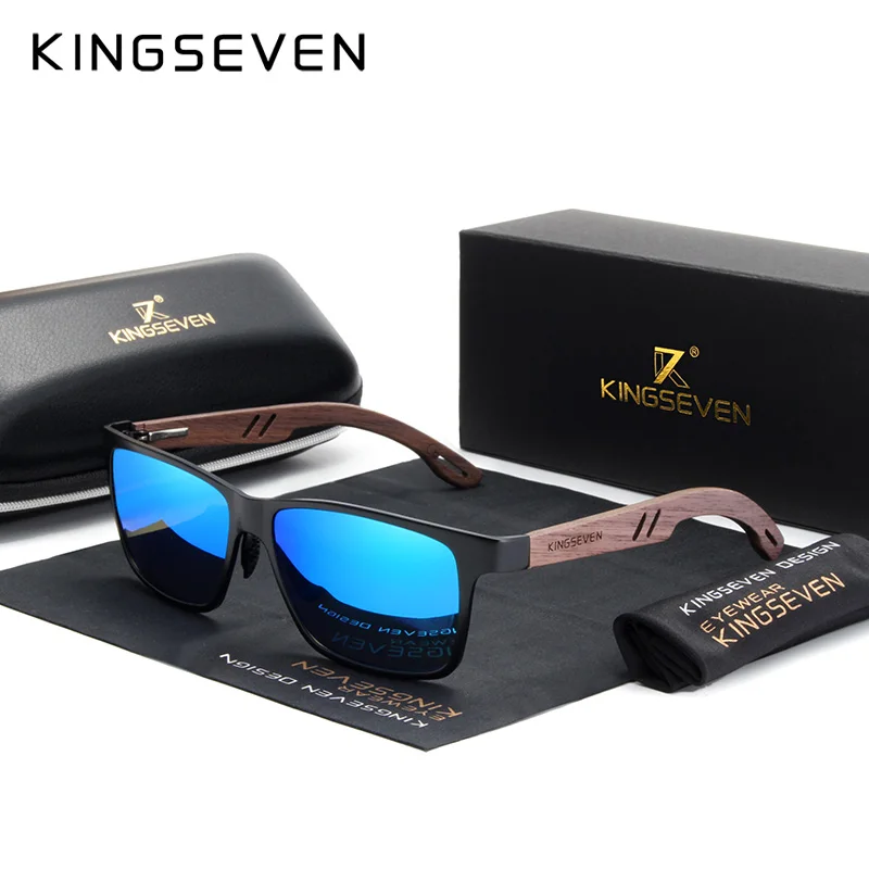 KINGSEVEN Aluminium Handgemachte Walnuss Holz Sonnenbrille Männer Polarisierte Sonnenbrille Für Frauen Anti-Blendung Spiegel Objektiv: Blau