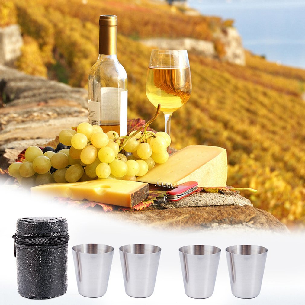 4 stycken / set polerat 30ml mini shot glas rostfritt stål kopp vin drickglas med läder täckväska