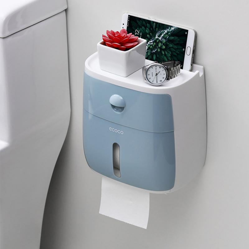 Wc toiletpapirholder vægmonteret toiletpapir bakke rulle med hylde badeværelse arrangør plast tissuekasse rulle papirrør: Blå