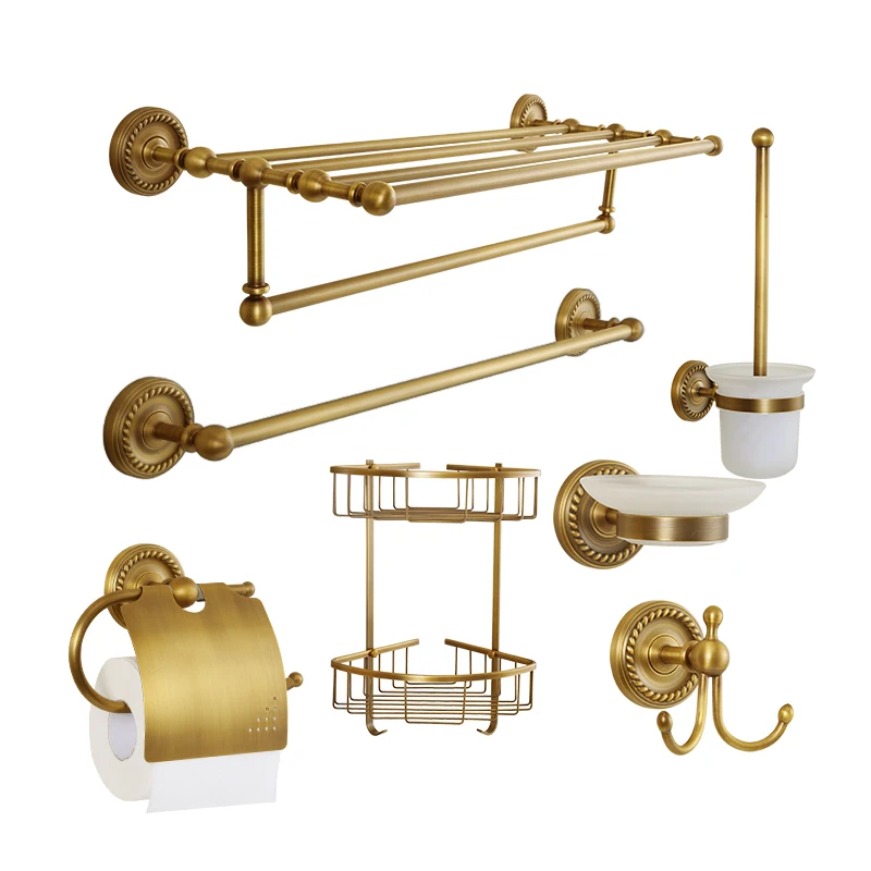 Brass Bathroom Accessories Antique Bath Towel Set Towel Ring Carved Toilet Paper Holder Towel Bar Bathroom Hardware Set