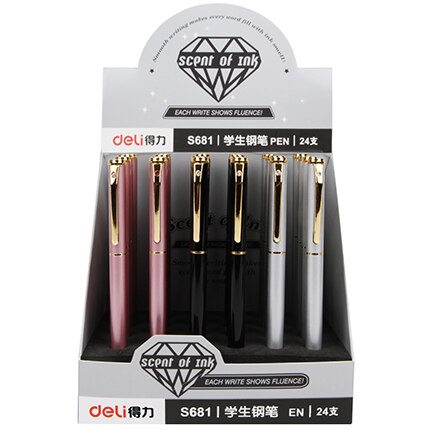 Deli S681 0.38mm Classic Business Metal Ink Fountain Pen Luxury Rose Wood School Student Writing Pen: color random 24pcs