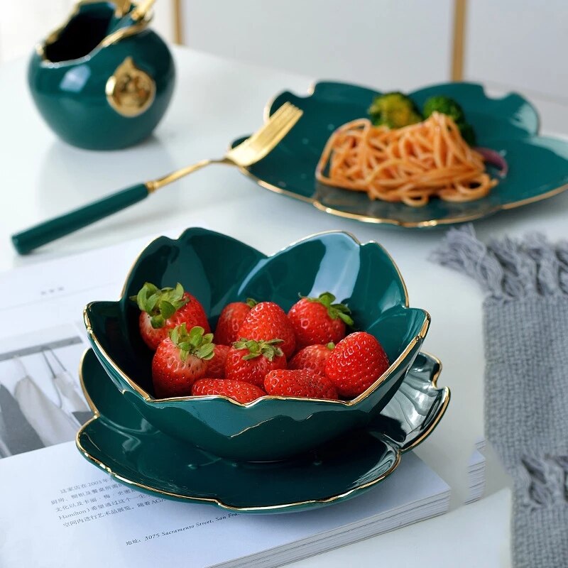 Green Kitchen Tableware Ceramic Dinner Set Flower Shape Sauce Dish Rice Salad Bowl Cake Dessert Plate