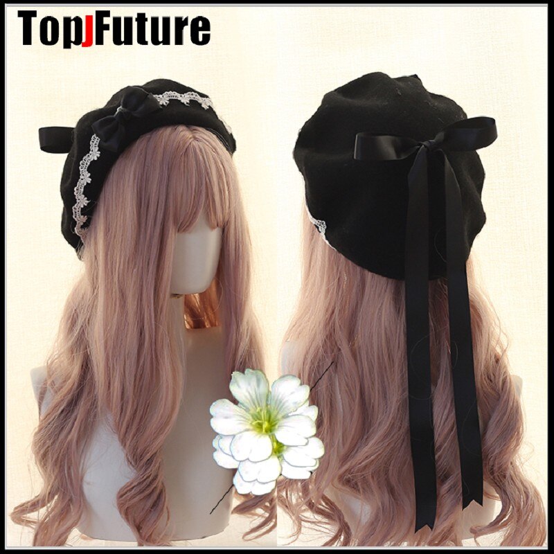 Japanse Meisje Kawaii Baret Hoed Lolita Tiener Hart Zoete Wollen Handgemaakte Leuke Lace Strik Warm Winter Schilder Hoed Hoofdtooi: black