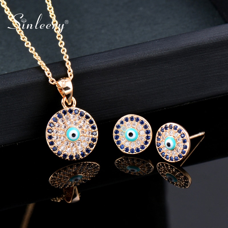 SINLEERY – collier et boucles d'oreilles mauvais œil bleu porte-bonheur, ensemble de bijoux pour femmes, petit pendentif rond, bijoux de d'été, , ZD1 SSP