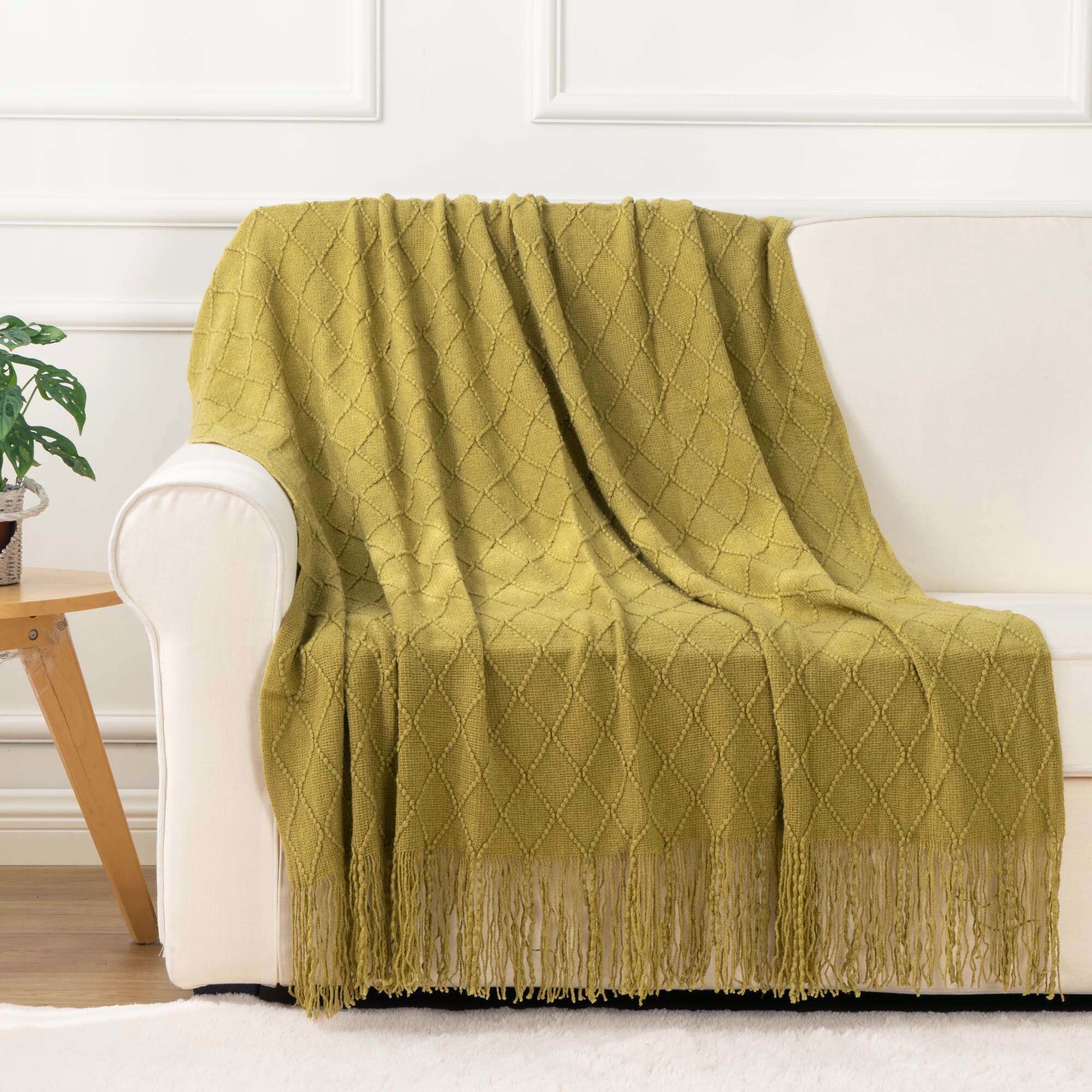 100% Acrylic Knitted Blanket Soft Red Throw Blanket with Tassels Cozy Light Solid Color bedding Blanket: Khaki / 127x152cm
