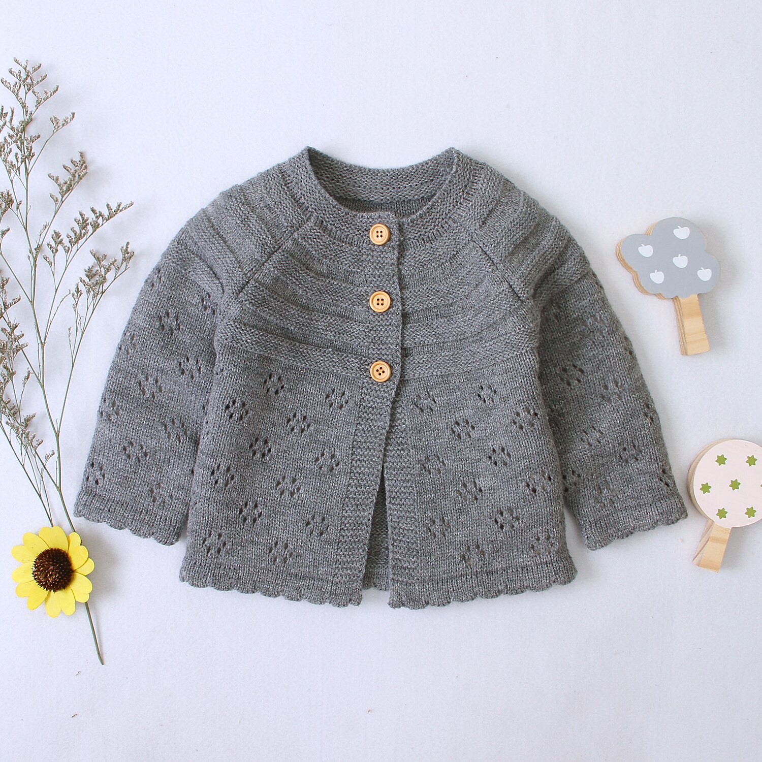 automne hiver enfants garçons filles Cardigan chandails solide coton évider points fleur tricoté pull extérieur veste manteaux: Gris / 18M
