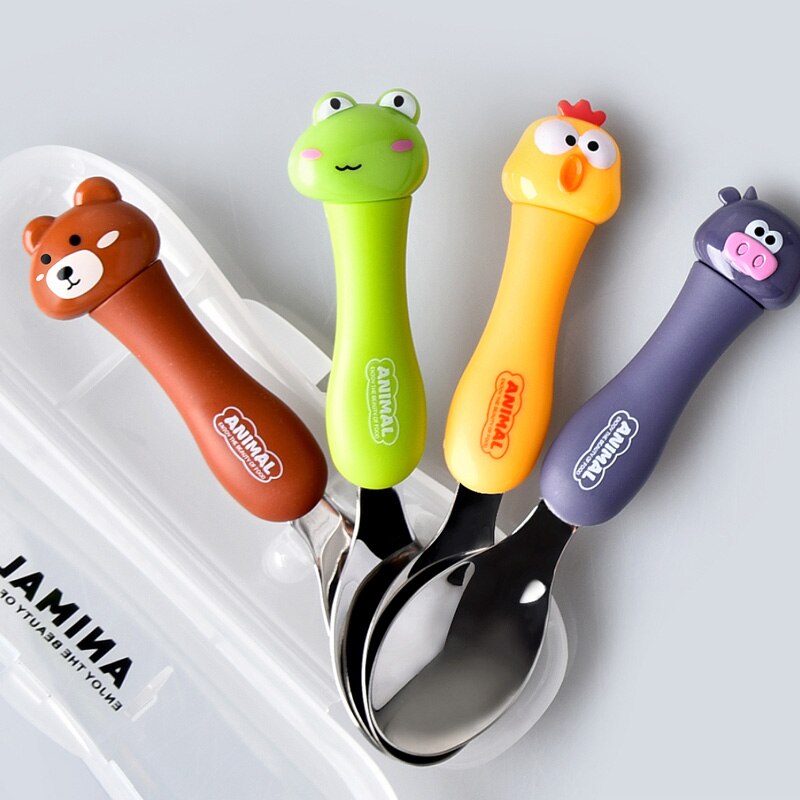 WHYOU Cartoon Stainless Steel Spoon Set Children Kid School Portable Outdoor Travel Cutlery With Storage Box