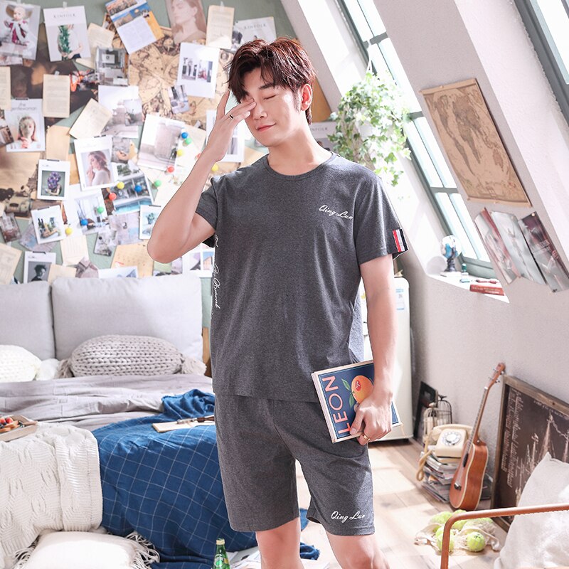Leisure Summer Men Cotton Pajamas Short Sleeve Male Pajama Set Men Sleepwear Suit Casual Bottom Homewear Clothing Nightwear