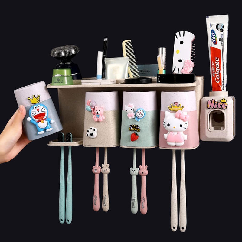 Boxi Automatic Toothpaste Squeezer Toothbrush Cup Dispenser Dust-Proof Toothbrush Holder Cartoon Cup Bathroom Accessories