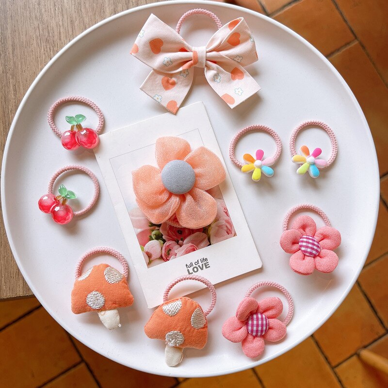 10 stücke Koreanische Süße Kawaii Baby Mädchen Elastische Haar Bands Stoff Blumen- Bogen Haar Seil für freundlicher Kleine Mädchen Haar zubehör: 10Stck Pilz