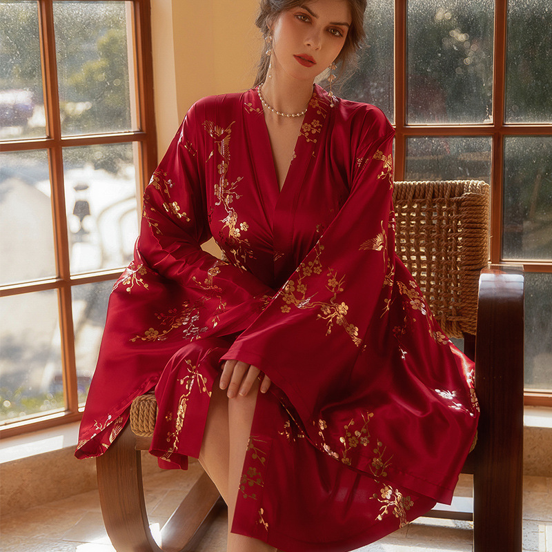 Bata Kimono Burdeos de lujo para mujer, albornoz Sexy con flor bronceadora, ropa de dormir , camisón para novia y boda