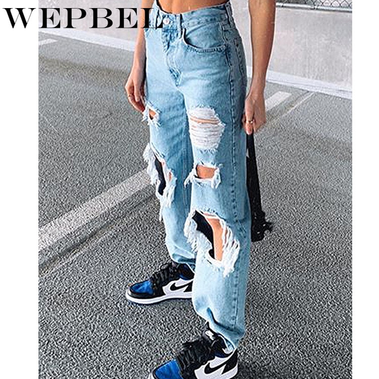 Wepbel dames casual gat gebleekte gescheurde jeans herfst mid-waist knoop rechte jeans