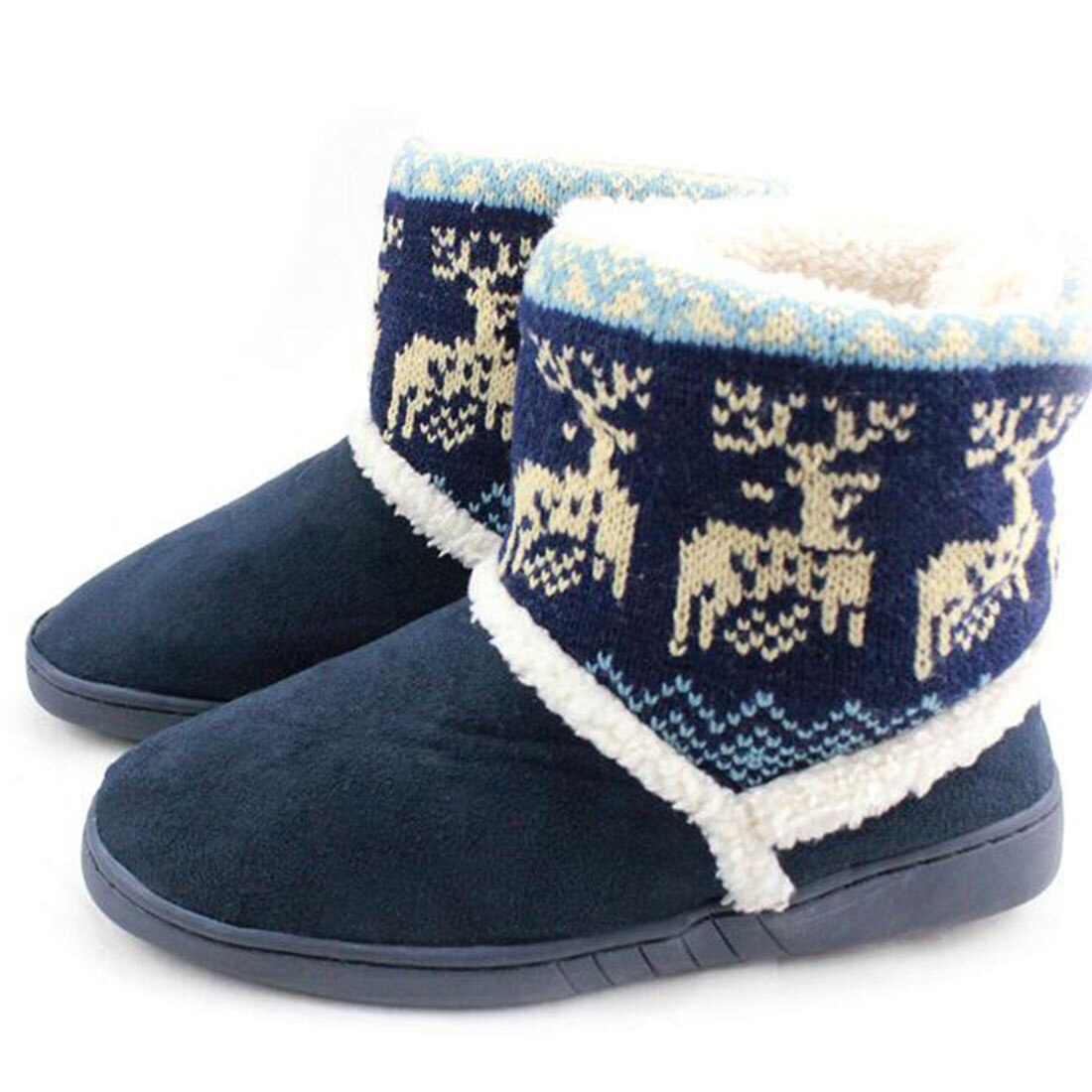 Botas de nieve de invierno con estampado de ciervo, botines gruesos de alce para mujer, par de botas de felpa, botas cortas para interiores con forro de piel: Azul / 4