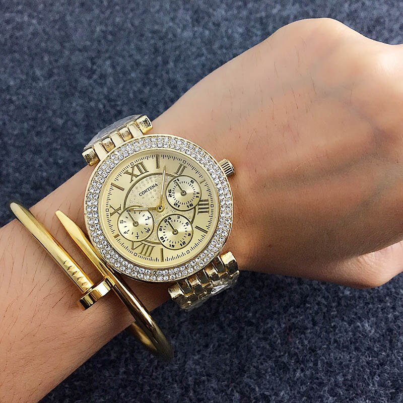 relogio feminino CONTENA Luxury Rhinestone Women&#39;s Watches Women Watches Gold Watch Full Steel Ladies Watch Clock saat: Gold