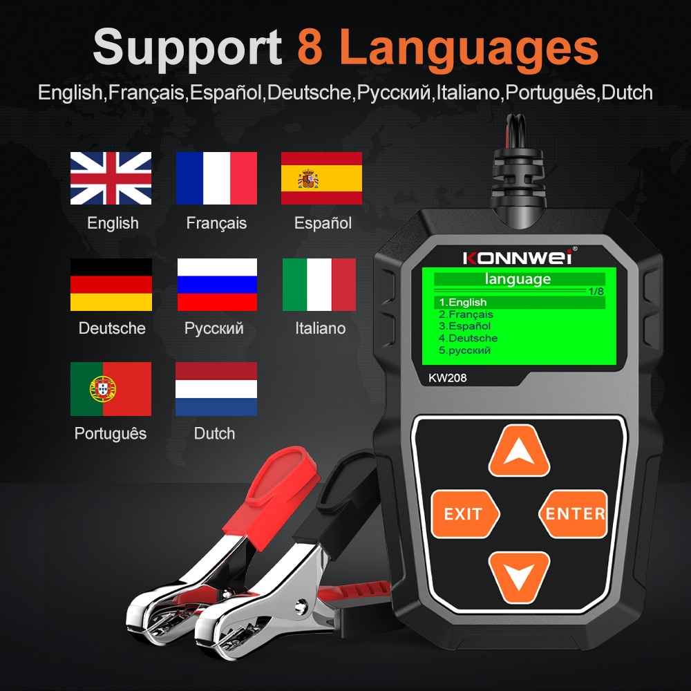 KONNWEI KW208 OBD 2 Car Battery Tester Charger Analyzer 12 V Cranking Test 100-2000CCA Charging Test Multi-Language Load Tools