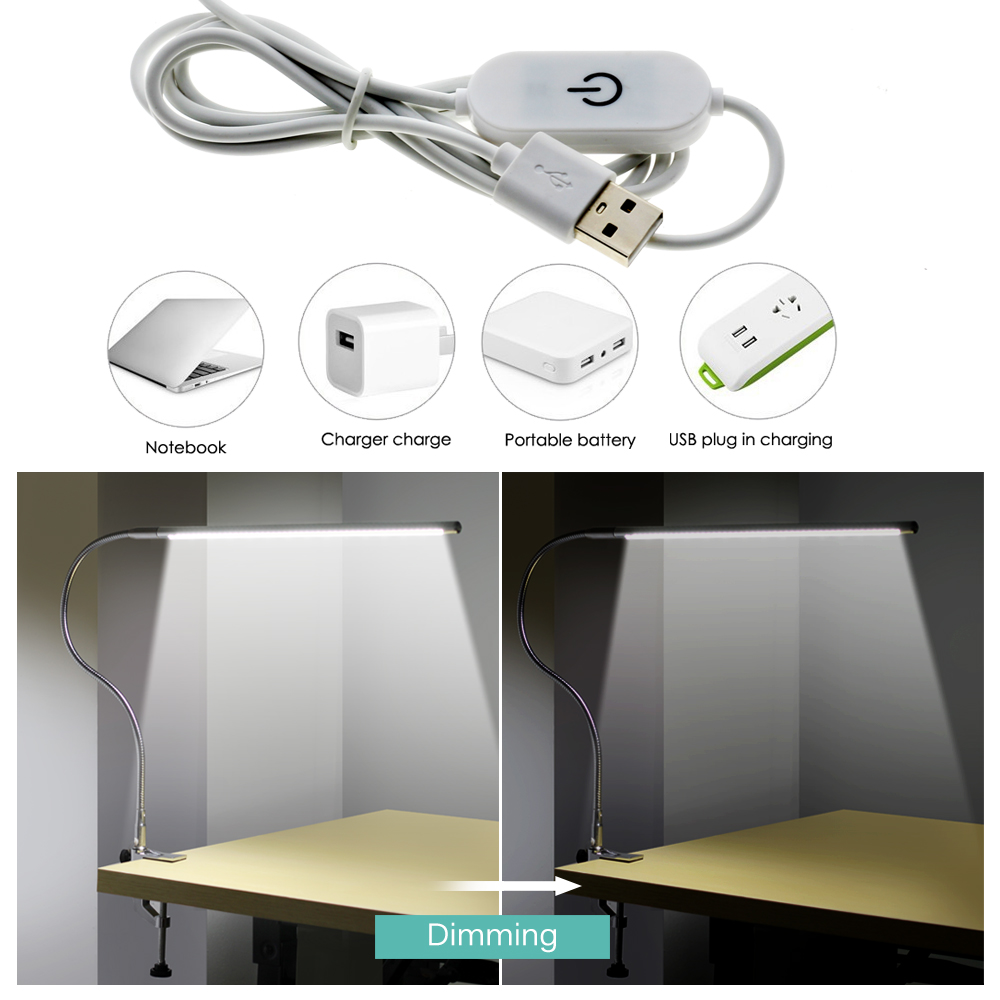 Lámpara de mesa de brazo largo 48 LEDs, lámpara de escritorio LED de oficina montada en Clip, lámpara de lectura Flexible con protección ocular y cuello de cisne USB para estudio de trabajo