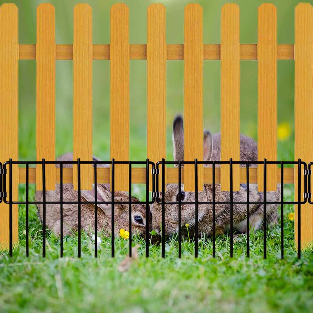 10 pack animal barrier fence, black coated steel rust resistant metal garden fence, dog and rabbit fence for outdoor use