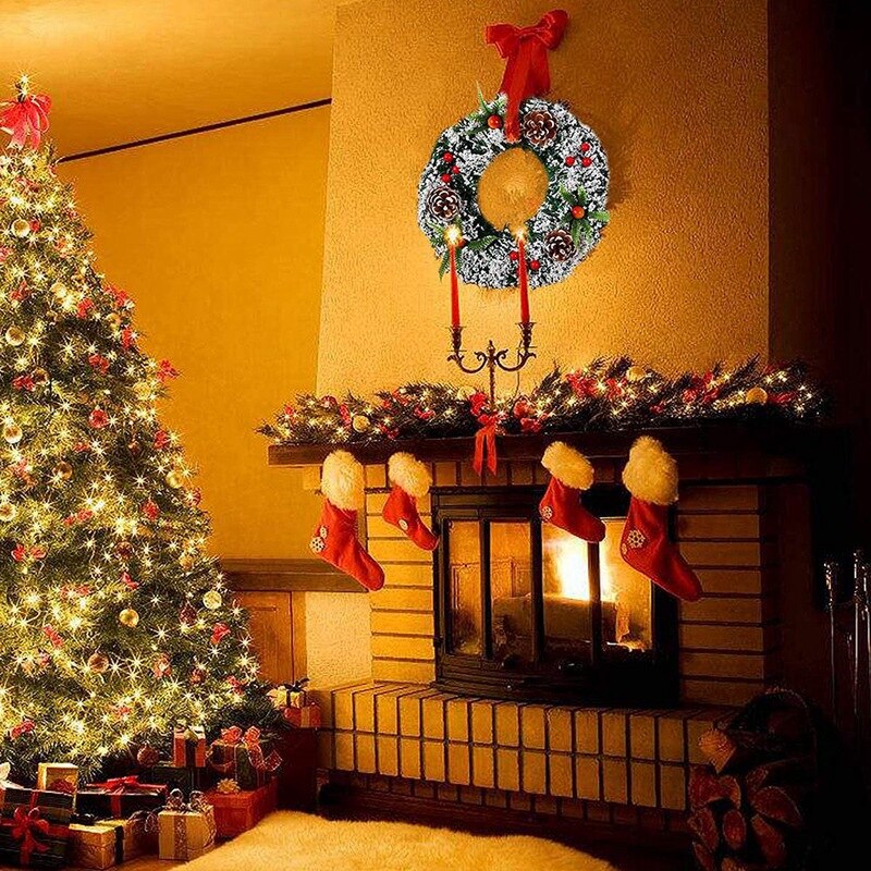 1 stuks 30cm kerstkransen van sparrenhout met zilveren borstelharen, dennenappels, rode bessen en sneeuwvlokken