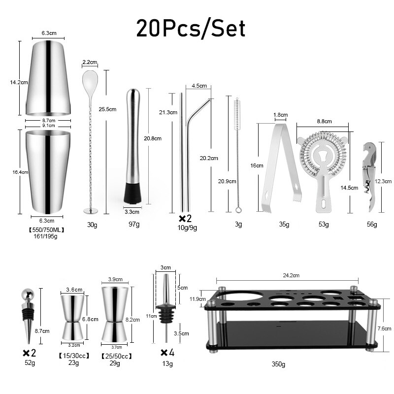Stainless Steel Cocktail Shaker Bar Set Mixer Cocktail Shaker Wine Martini Boston Shaker Drinkware for Party Bar Tools 550/750ML: Boston 20Pcs
