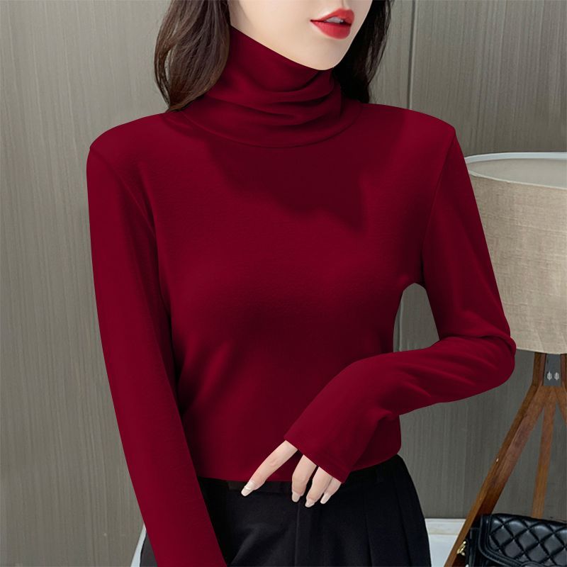 Roupa interior térmica feminina inverno engrossar gola alta camisa inferior de veludo quente topos semi gola alta pulôveres de manga longa: M / GOLD