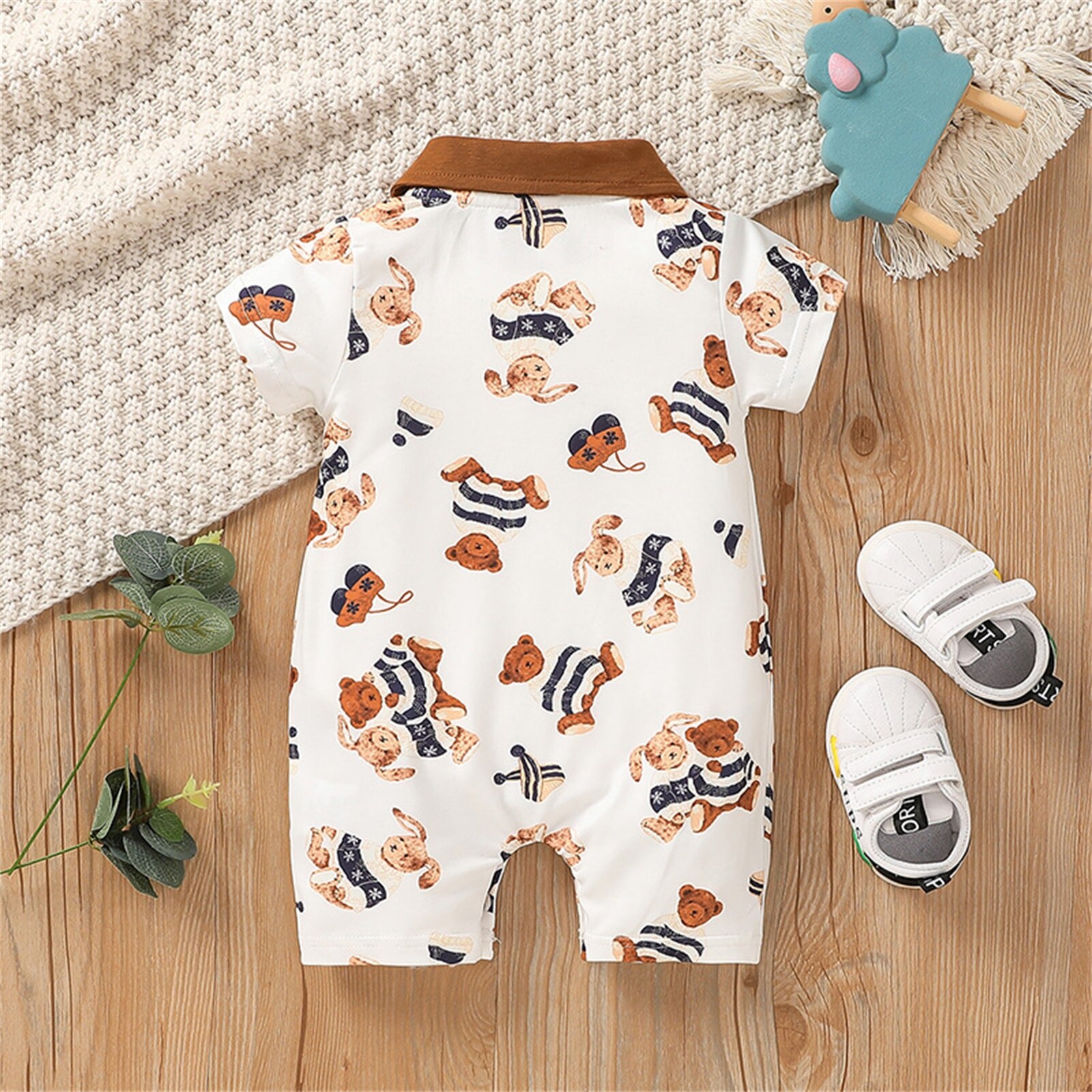 Baby Baby Meisjes Jongens Unisex Toevallige Romper, Korte Mouwen Cartoon Beer Gedrukt Revers Patchwork Jumpsuits