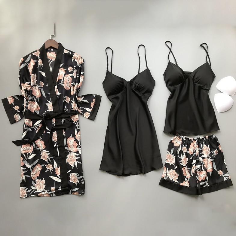 Lady Print Bloem Nighty & Robe Pak Nachtkleding Zijdeachtig Satijn Nachtkleding Kimono Badjas Gown Casual Nachtjapon Thuis Kleding