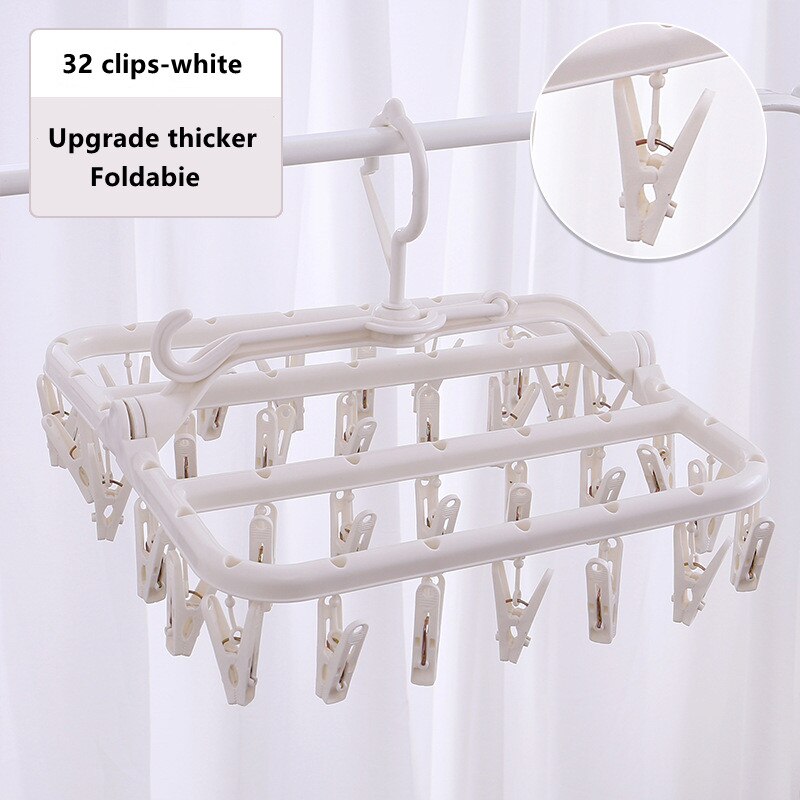 32-Clips Multifunctional Drying Rack, Foldable Side Hanger, Household Socks For Drying, Children's Hanger, Dormitory Drying Rack: white