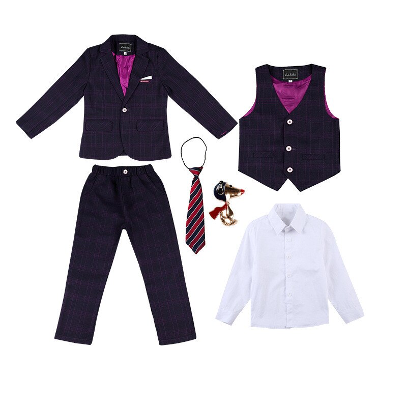 Traje de chaqueta para niños, traje Formal de esmoquin para niños, conjuntos de ropa a cuadros, abrigo de día para de boda, chaleco, pantalón, disfraces: Red 6 Pcs Sets / 90