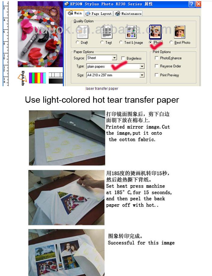 A4 inkjet värmeöverföringspapper t-shirt överföringsfotopapper för mörka eller ljusa kläder 10 ark/paket