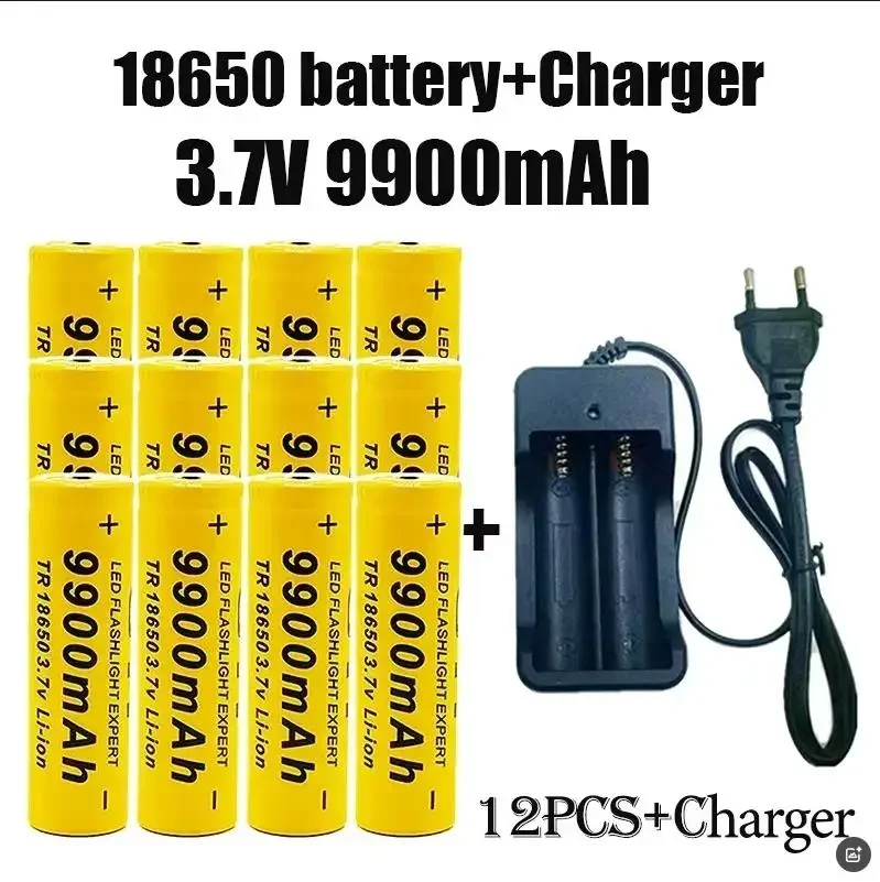 100% Original 3.7V 18650 Battery 9900mAh Lithium Rechargeable Battery flashlight Toys fans battery+charger: light green