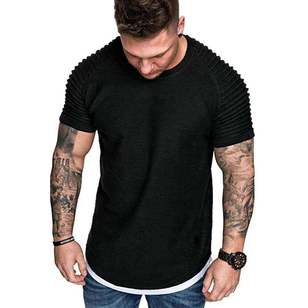 Men's T-Shirts Pleated Wrinkled Slim Fit O Neck Short Sleeve Muscle Solid Casual Tops Shirts Summer Basic Tee: black / XXL