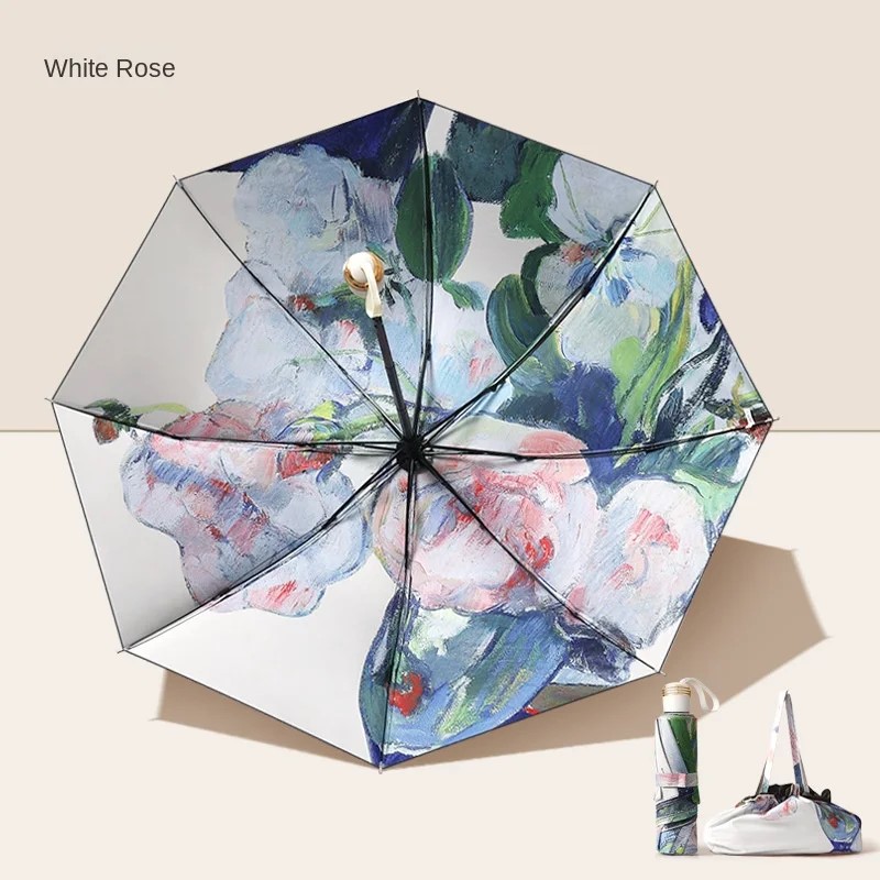 Folding Umbrella - 48-53cm Radius - Oil Painting Print - Anti-UV Sun Protection - Black Coating Fabric: WHITE