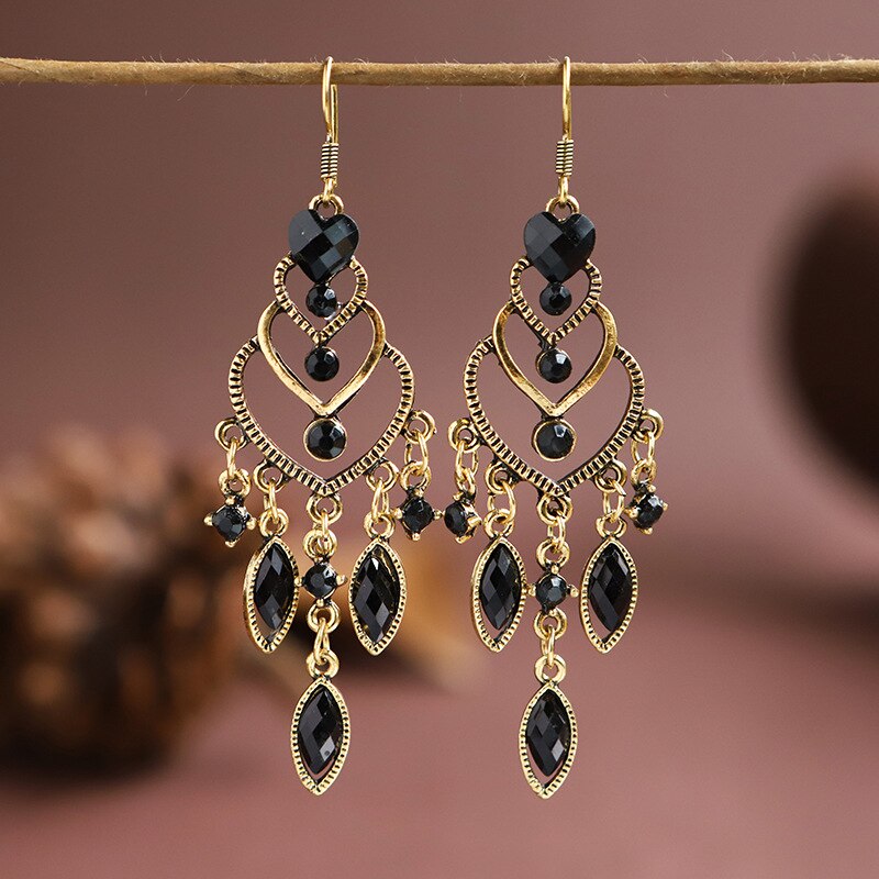 Vintage Women's Green Crystal Beads Tassel Earrings Bollywood Bohemia Geometry Gold Alloy Wedding Earrings Hangers