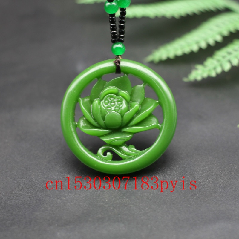 Natural Green Jade Flower Pendant Necklace Chinese Double-sided Hollow Carved Charm Jewelry Amulet for Men Women
